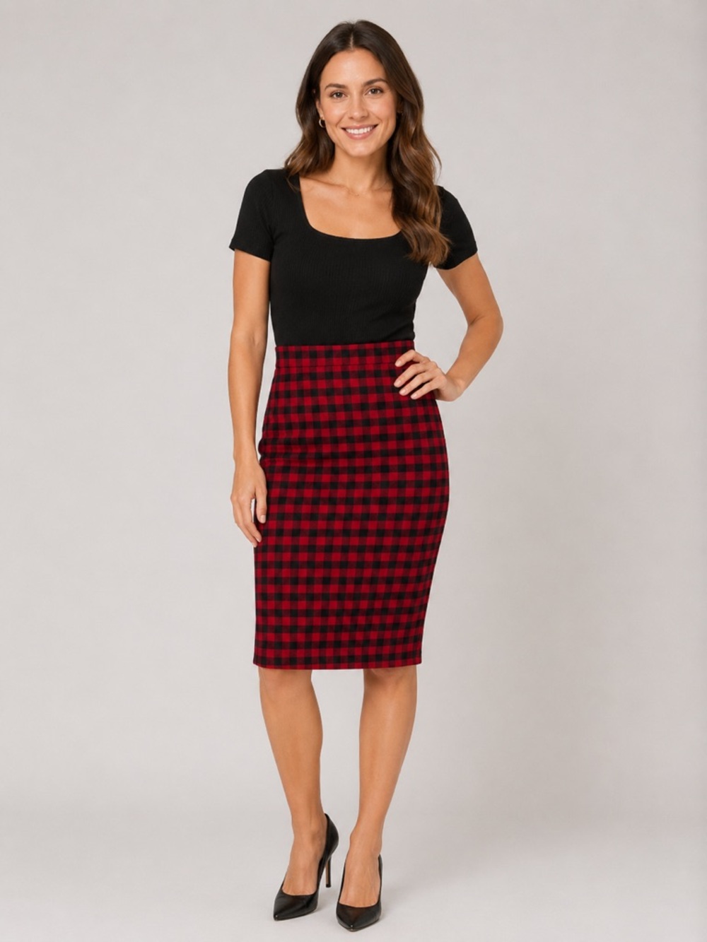 J.Jill red and black buffalo plaid pencil skirt size small